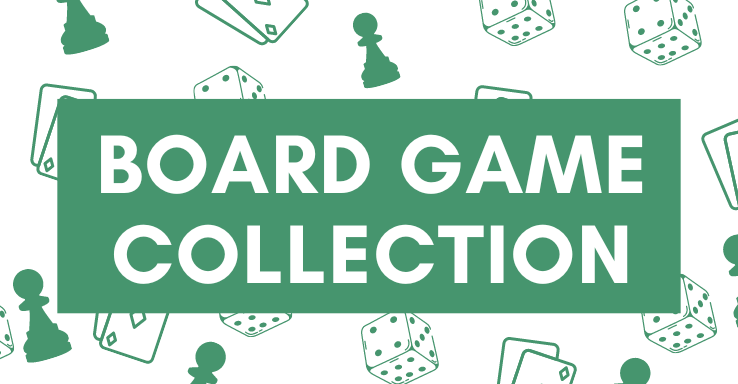 An assortment of green board game pieces. Green text box in the center reads: Board Game Collection