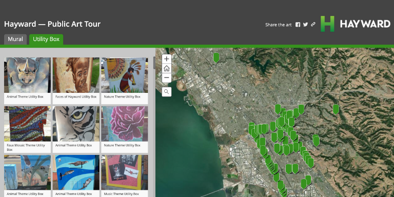 Map of Hayward with images of Murals to the left