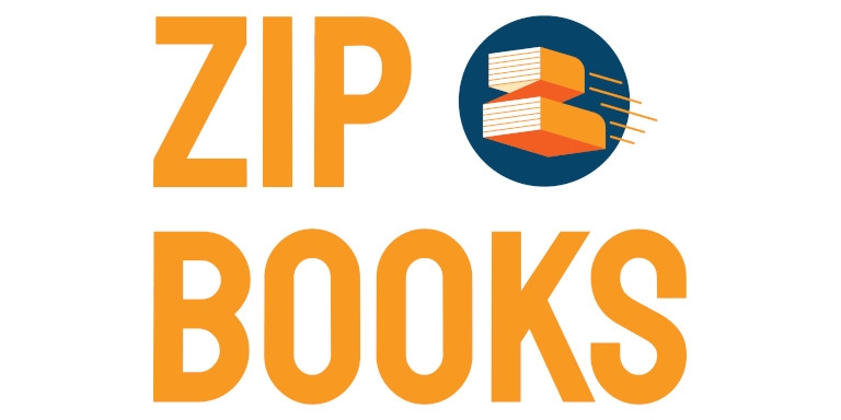 Orange and navy Zip books logo: two orange books in a navy circle creating a letter Z next to the text: Zip Books