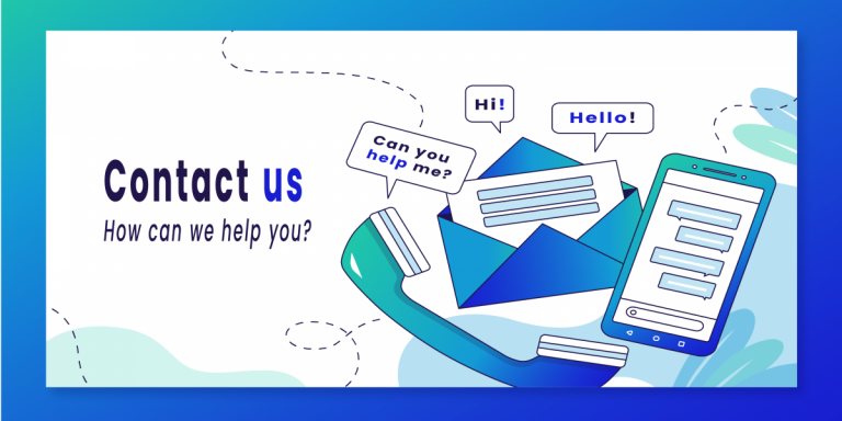 Cartoon drawing in shades of blue showing a phone, letter and email. Text to the left reads: Contact Us How can we help you