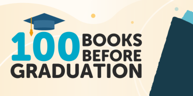 A blue graduation cap above the text, 100 books before graduation